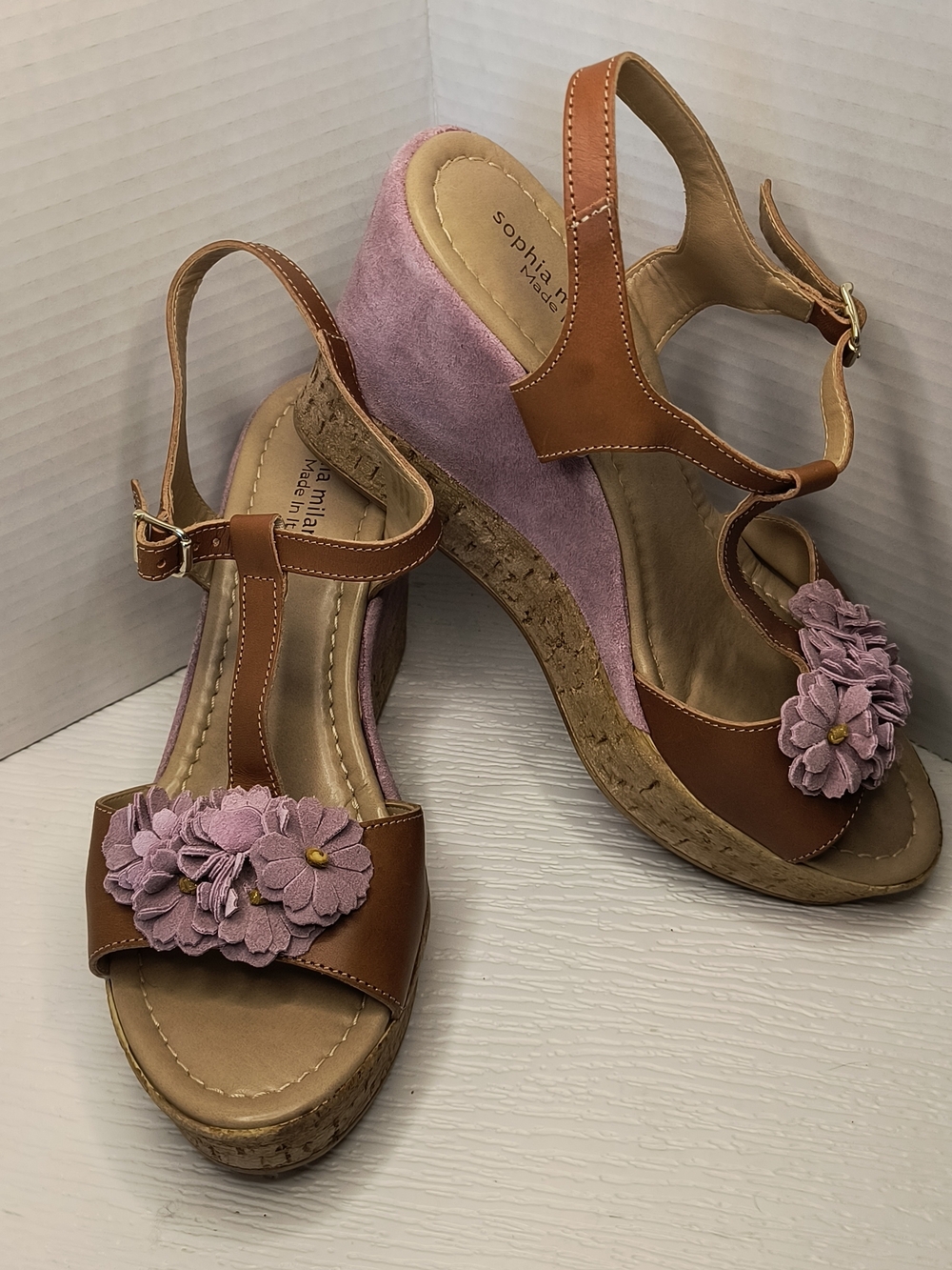 Sophia Minna Pink & Brown Floral T-Strap Wedge Sandals